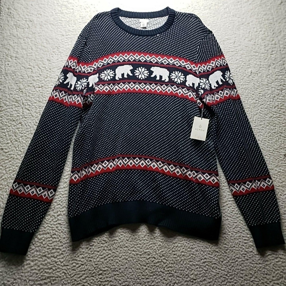 Aspen Sweater Mens XL Blue Fair Isle Polar Bear Crewneck Knit Pullover Winter